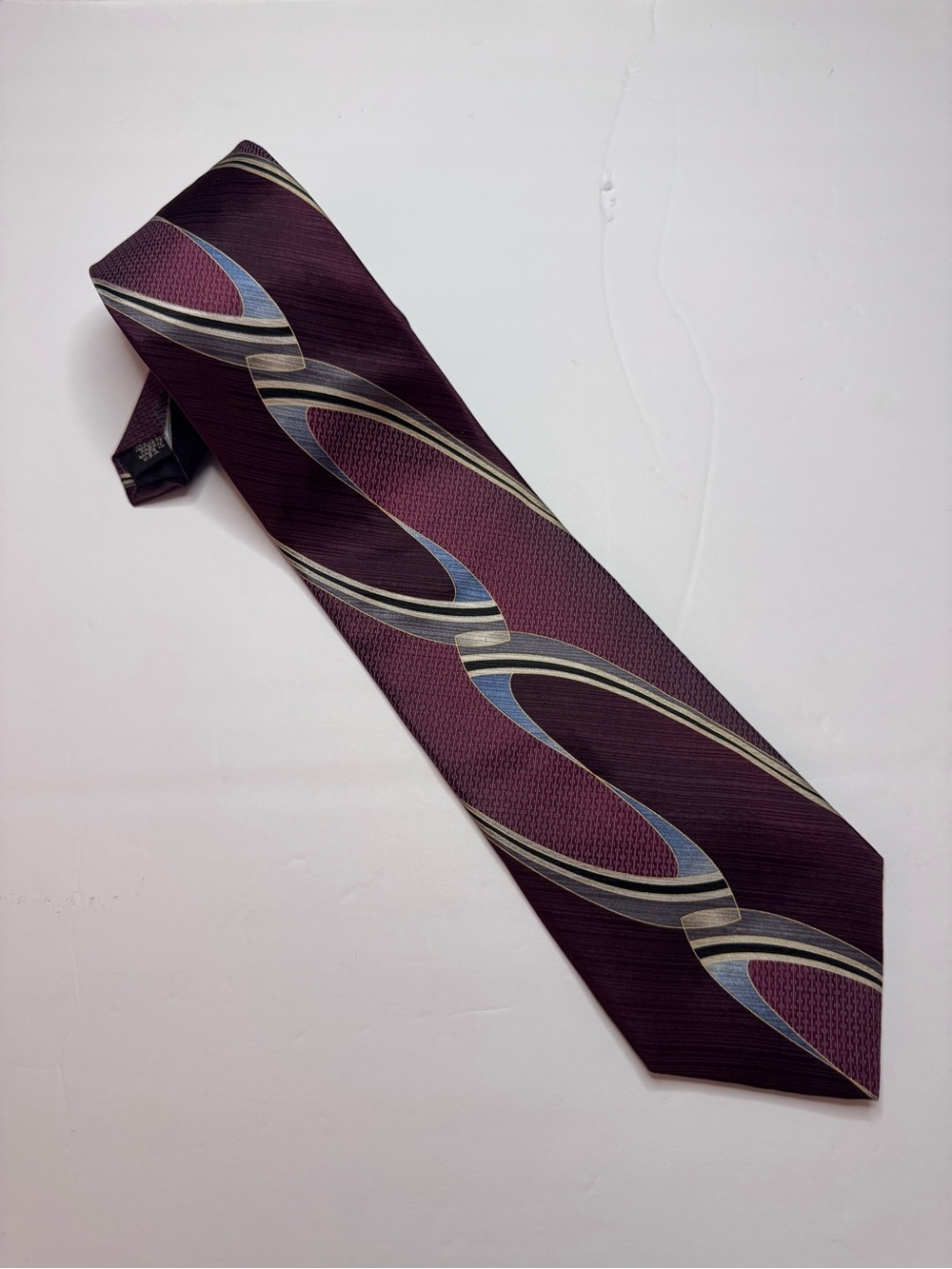 Vintage 90s Murano Italia Silk Tie 4” Wide Burgundy Abstract Geometric Made USA